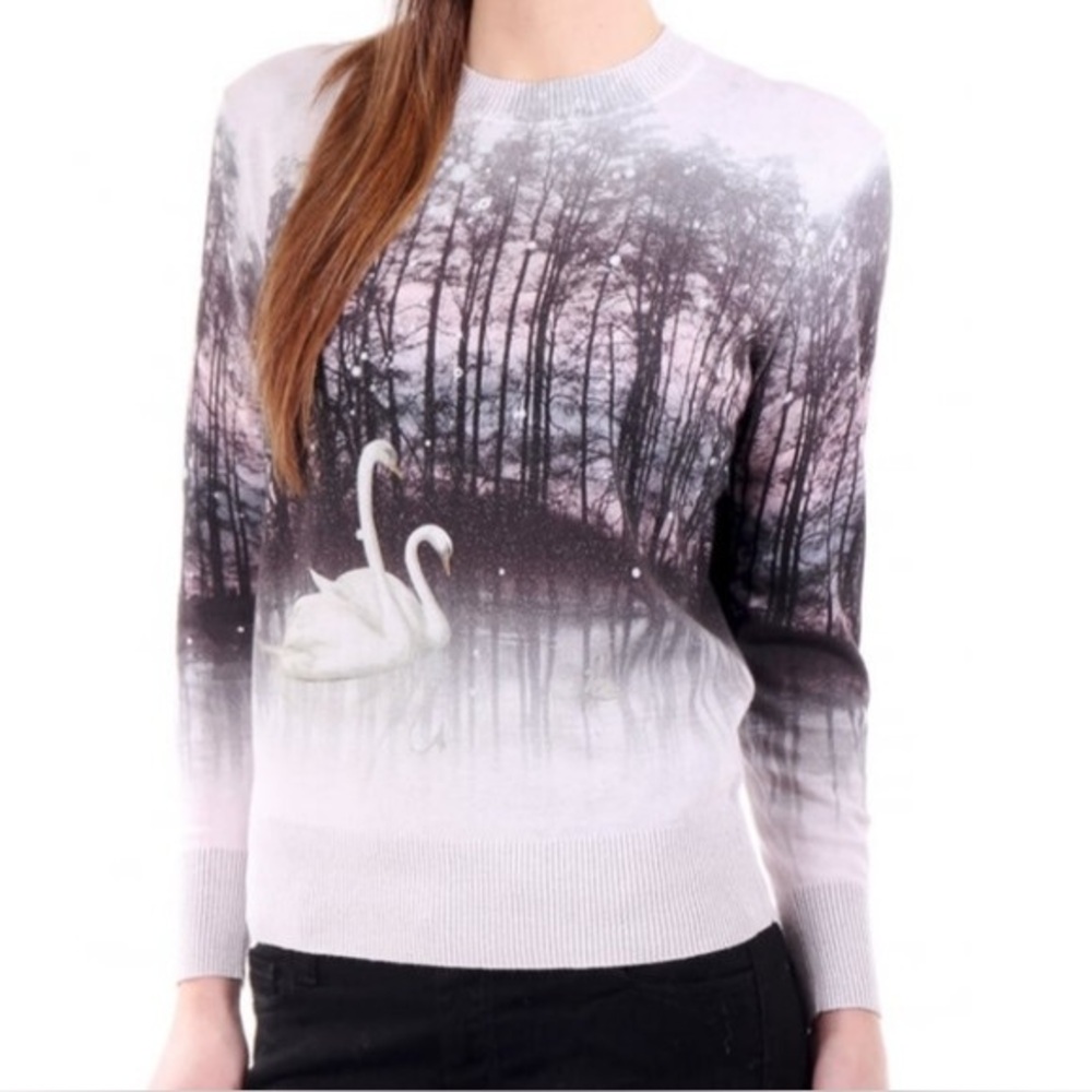 Ted Baker sparkling sweater Elegant Swan sunset Print Black and White